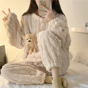 Winter Women Flannel Pajama Sets Cute Round Neck Sleepwear Long Sleeve Coral Velvet Comfortable Loose Lounge Wear Sweet Cartoon