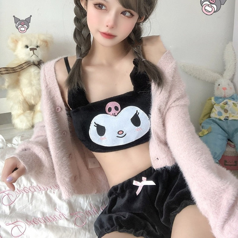 Cute Cartoon Sleepwear Set Sexy Camis Comfortable Plush Shorts Homewear Milk Silk Girls Underwear Suit Kawaii Pajamas Suit