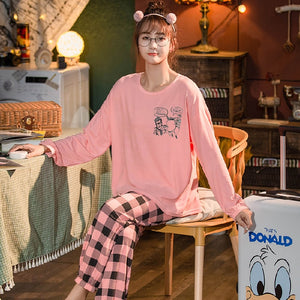 Spring and Autumn Cotton Pajamas Women&#39;s Long-sleeve Cute Plus Size Thin Two-piece Suit Womens Two Piece Sets Anime Pajamas