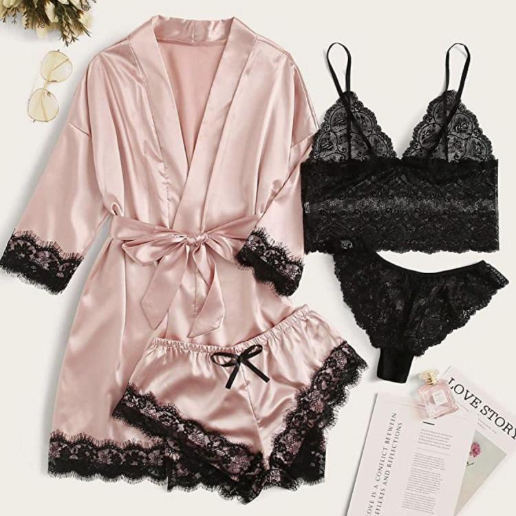2022 V-neck thin home women&#39;s pajamas 4-piece set lace satin suspenders pajamas women&#39;s summer suits with nightgown nightdress
