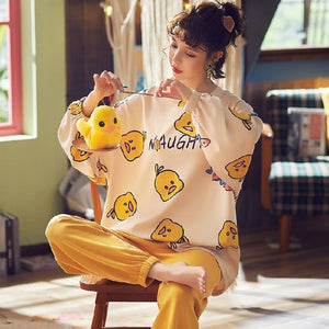 Spring and Autumn Cotton Pajamas Women&#39;s Long-sleeve Cute Plus Size Thin Two-piece Suit Womens Two Piece Sets Anime Pajamas