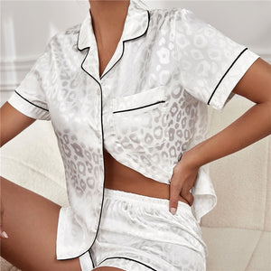 New Silk Pajamas For Women Sweet Striped Pyjamas Woman Elegant Short Sleeve Short Pants Homewear Ladies Leopard Sleepwear Sets