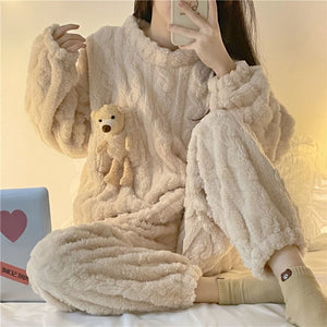 Winter Women Flannel Pajama Sets Cute Round Neck Sleepwear Long Sleeve Coral Velvet Comfortable Loose Lounge Wear Sweet Cartoon