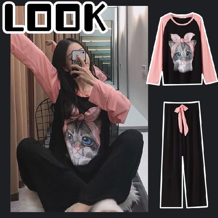 Spring and Autumn Cotton Pajamas Women&#39;s Long-sleeve Cute Plus Size Thin Two-piece Suit Womens Two Piece Sets Anime Pajamas