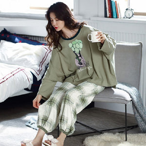 Spring and Autumn Cotton Pajamas Women&#39;s Long-sleeve Cute Plus Size Thin Two-piece Suit Womens Two Piece Sets Anime Pajamas