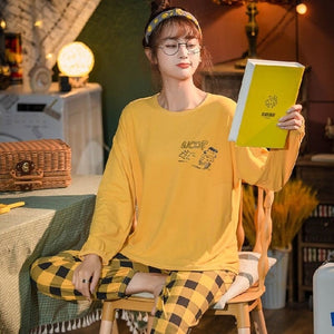 Spring and Autumn Cotton Pajamas Women&#39;s Long-sleeve Cute Plus Size Thin Two-piece Suit Womens Two Piece Sets Anime Pajamas