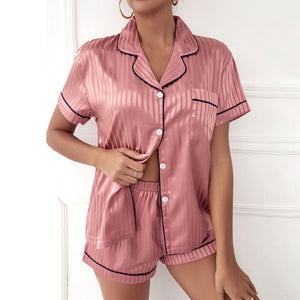 New Silk Pajamas For Women Sweet Striped Pyjamas Woman Elegant Short Sleeve Short Pants Homewear Ladies Leopard Sleepwear Sets