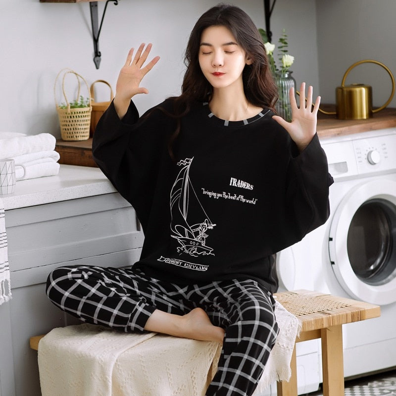 Spring and Autumn Cotton Pajamas Women&#39;s Long-sleeve Cute Plus Size Thin Two-piece Suit Womens Two Piece Sets Anime Pajamas