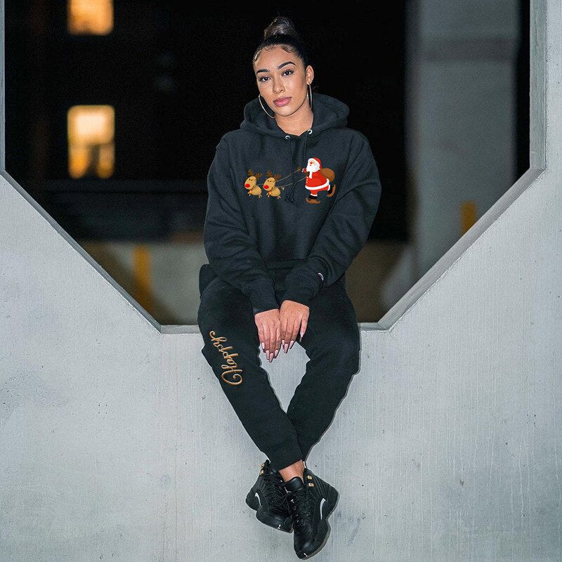 Winter Christmas Hoodie Tracksuit 2 Piece Long Pants Sets with Pockets Women Long Sleeve Hooded Crop Top Black Outfit Streetwear