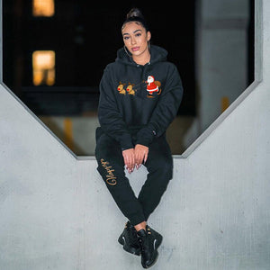 Winter Christmas Hoodie Tracksuit 2 Piece Long Pants Sets with Pockets Women Long Sleeve Hooded Crop Top Black Outfit Streetwear