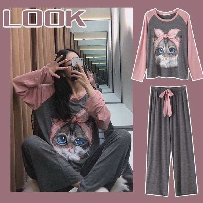 Spring and Autumn Cotton Pajamas Women&#39;s Long-sleeve Cute Plus Size Thin Two-piece Suit Womens Two Piece Sets Anime Pajamas