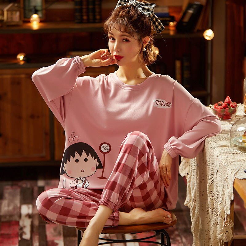 Spring and Autumn Cotton Pajamas Women&#39;s Long-sleeve Cute Plus Size Thin Two-piece Suit Womens Two Piece Sets Anime Pajamas