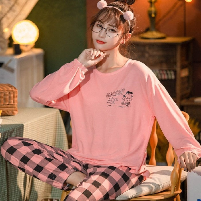 Spring and Autumn Cotton Pajamas Women&#39;s Long-sleeve Cute Plus Size Thin Two-piece Suit Womens Two Piece Sets Anime Pajamas