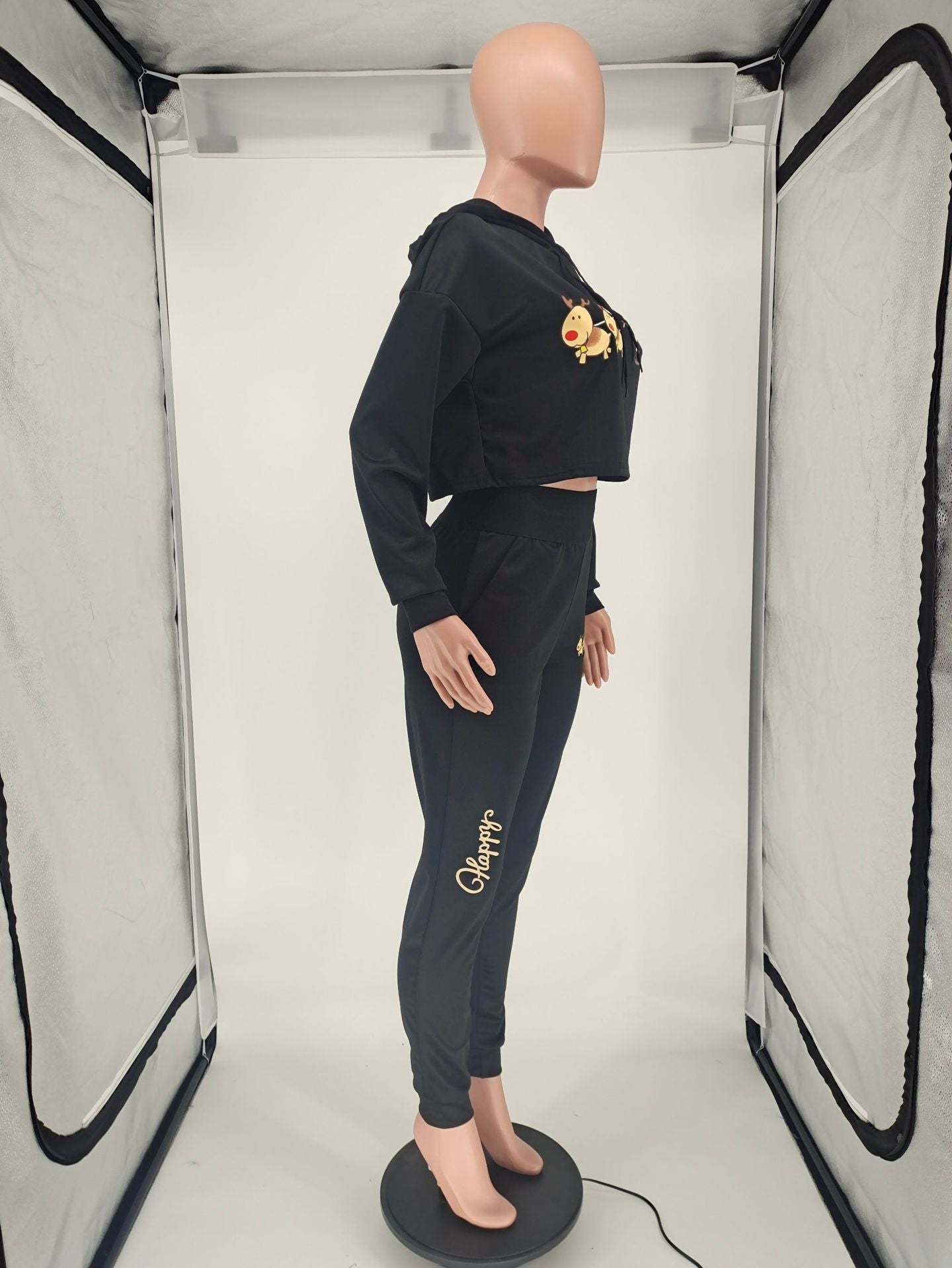 Winter Christmas Hoodie Tracksuit 2 Piece Long Pants Sets with Pockets Women Long Sleeve Hooded Crop Top Black Outfit Streetwear