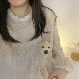 Winter Women Flannel Pajama Sets Cute Round Neck Sleepwear Long Sleeve Coral Velvet Comfortable Loose Lounge Wear Sweet Cartoon