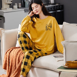 Spring and Autumn Cotton Pajamas Women&#39;s Long-sleeve Cute Plus Size Thin Two-piece Suit Womens Two Piece Sets Anime Pajamas