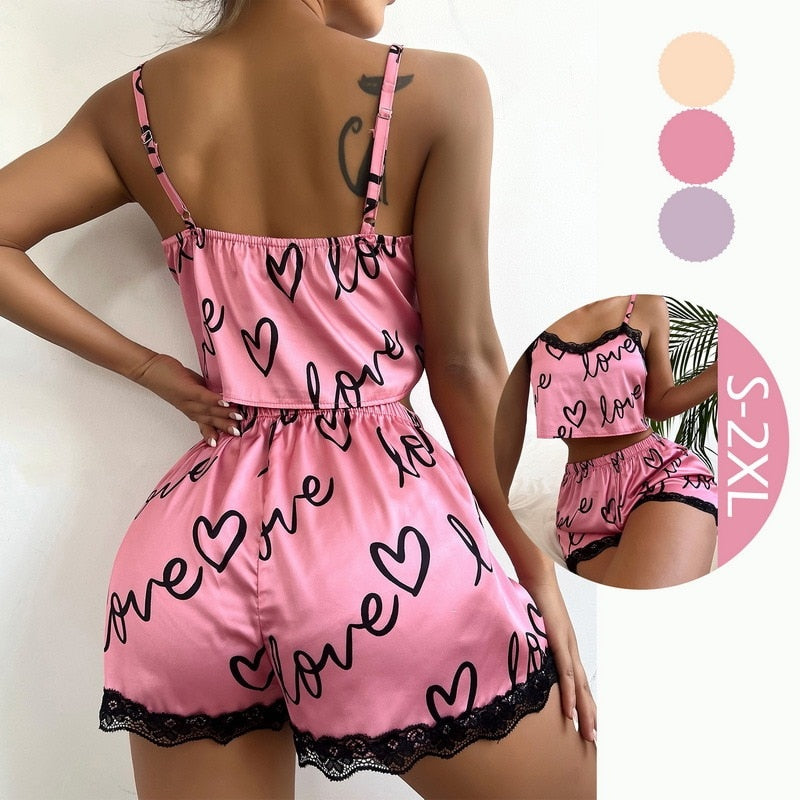 Sexy Floral Pajama Set Women&#39;s 2 Pieces Sleepwear Pyjamas Silk Satin Cami Top and Shorts Pajamas Summer Pajamas Set for Women