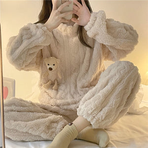 Winter Women Flannel Pajama Sets Cute Round Neck Sleepwear Long Sleeve Coral Velvet Comfortable Loose Lounge Wear Sweet Cartoon