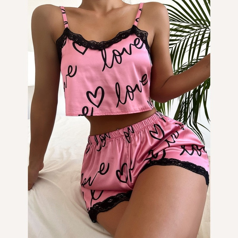 Sexy Floral Pajama Set Women&#39;s 2 Pieces Sleepwear Pyjamas Silk Satin Cami Top and Shorts Pajamas Summer Pajamas Set for Women