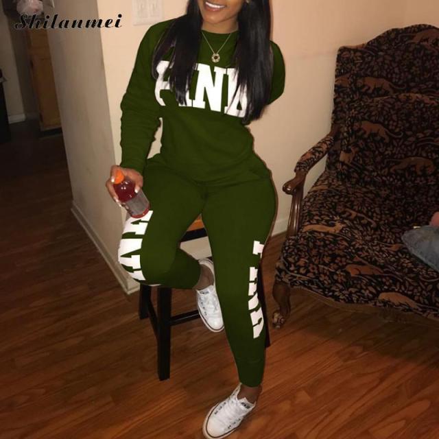 PINK Letter Print 2 Piece Set Women 2018 Long Sleeve Top And Pants Autumn Casual Tracksuit Sweat Suits 2 Piece Sweatshirt Outfit