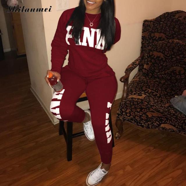 PINK Letter Print 2 Piece Set Women 2018 Long Sleeve Top And Pants Autumn Casual Tracksuit Sweat Suits 2 Piece Sweatshirt Outfit