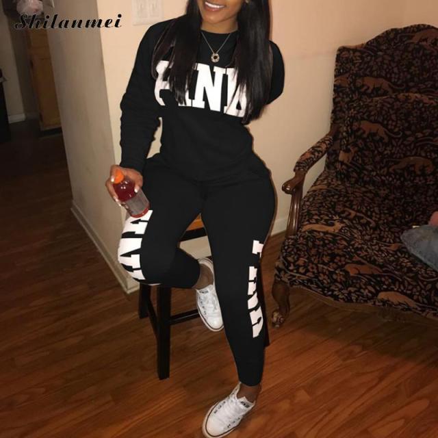 PINK Letter Print 2 Piece Set Women 2018 Long Sleeve Top And Pants Autumn Casual Tracksuit Sweat Suits 2 Piece Sweatshirt Outfit