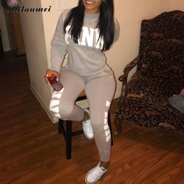 PINK Letter Print 2 Piece Set Women 2018 Long Sleeve Top And Pants Autumn Casual Tracksuit Sweat Suits 2 Piece Sweatshirt Outfit