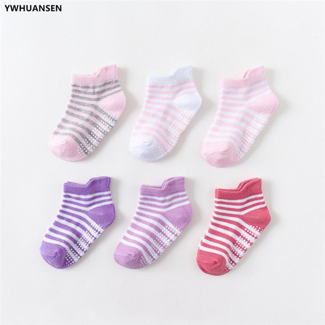 6 Pairs/lot 0 to 6 Yrs Cotton Children's Anti-slip Boat Socks For Boys Girl Low Cut Floor Kid Sock With Rubber Grips Four Season