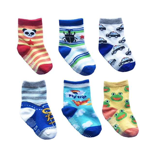 6 Pairs/lot 0 to 6 Yrs Cotton Children's Anti-slip Boat Socks For Boys Girl Low Cut Floor Kid Sock With Rubber Grips Four Season