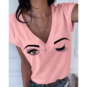 2020 Summer S-5XL Plus Size Eyebrows Eyes Deep V-neck Women's T-shirt New Solid Casual Women's Tops Short Sleeve Tshirts funny