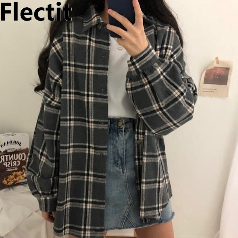 Flectit Flannel Oversized Shirt Long Sleeve Collared Boyfriend Plaid Blouse Fall Winter Women's Blouses & Shirts *