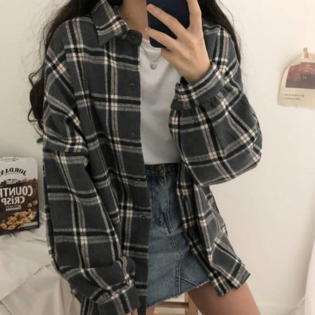 Flectit Flannel Oversized Shirt Long Sleeve Collared Boyfriend Plaid Blouse Fall Winter Women's Blouses & Shirts *