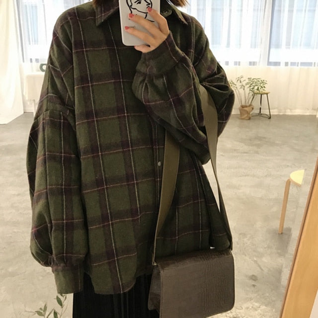 Flectit Flannel Oversized Shirt Long Sleeve Collared Boyfriend Plaid Blouse Fall Winter Women's Blouses & Shirts *