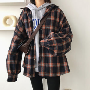 Flectit Flannel Oversized Shirt Long Sleeve Collared Boyfriend Plaid Blouse Fall Winter Women's Blouses & Shirts *