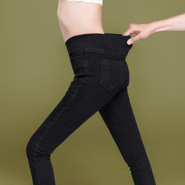 Women's Simple solid Elastic high waist Skinny Jeans plus size 38 fashion Women black blue Slim mom Jeans Stretch Denim Pants