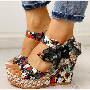 KAMUCC Summer Beach Boho Floral Wedge Sandals Women Ankle Strap Platform Gladiator Shoes Woman High Heels Sandalias Mujer 2020