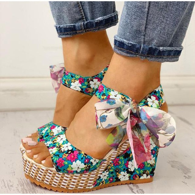 KAMUCC Summer Beach Boho Floral Wedge Sandals Women Ankle Strap Platform Gladiator Shoes Woman High Heels Sandalias Mujer 2020