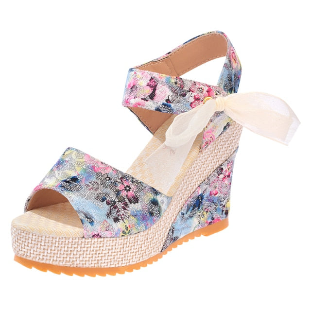 KAMUCC Summer Beach Boho Floral Wedge Sandals Women Ankle Strap Platform Gladiator Shoes Woman High Heels Sandalias Mujer 2020