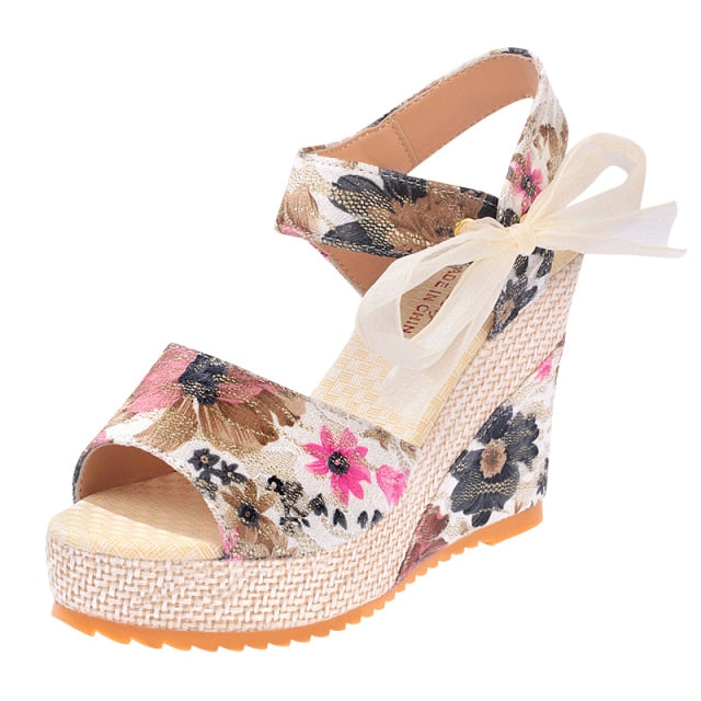 KAMUCC Summer Beach Boho Floral Wedge Sandals Women Ankle Strap Platform Gladiator Shoes Woman High Heels Sandalias Mujer 2020