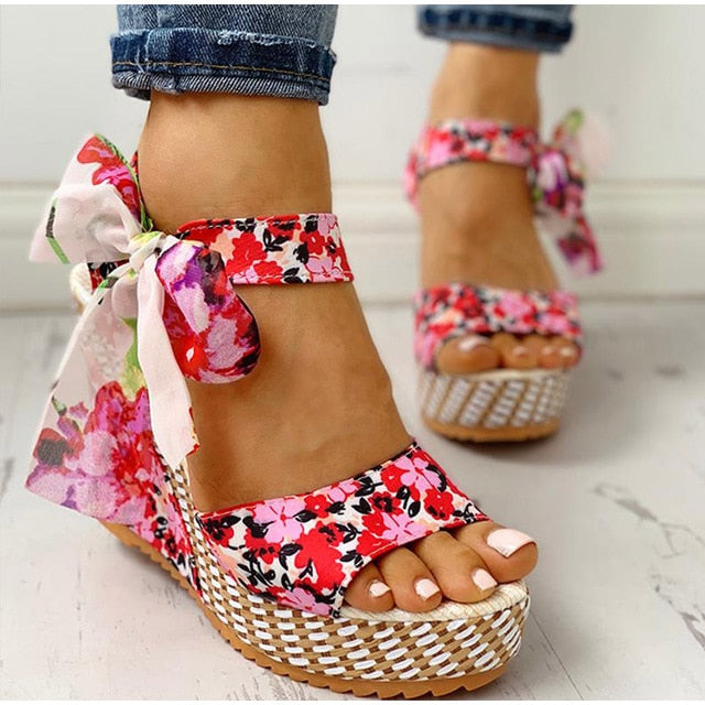 KAMUCC Summer Beach Boho Floral Wedge Sandals Women Ankle Strap Platform Gladiator Shoes Woman High Heels Sandalias Mujer 2020