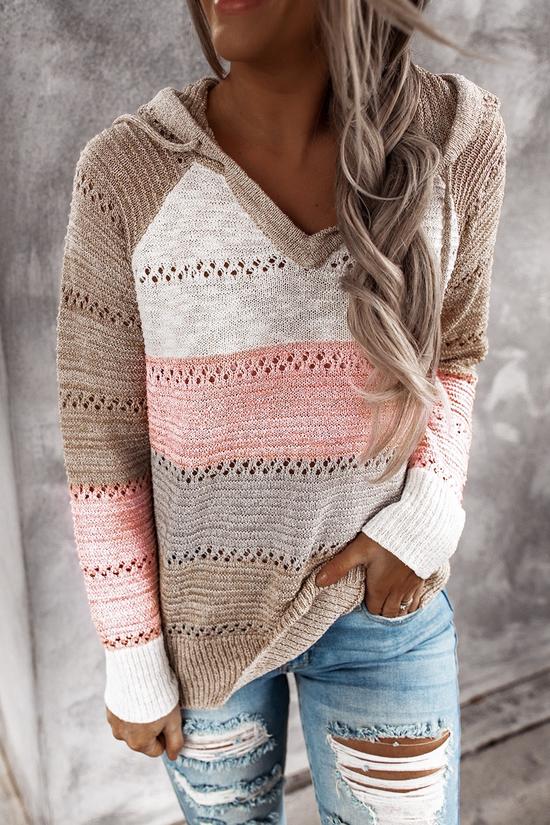 New Fall Winter Patchwork Hooded Sweaters for Women Long Sleeve V-Neck Slim Pullover Tops Jumper Plus Size Female Knit Sweaters