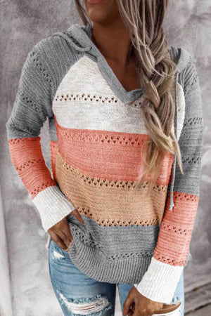 New Fall Winter Patchwork Hooded Sweaters for Women Long Sleeve V-Neck Slim Pullover Tops Jumper Plus Size Female Knit Sweaters