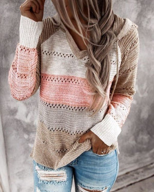 New Fall Winter Patchwork Hooded Sweaters for Women Long Sleeve V-Neck Slim Pullover Tops Jumper Plus Size Female Knit Sweaters