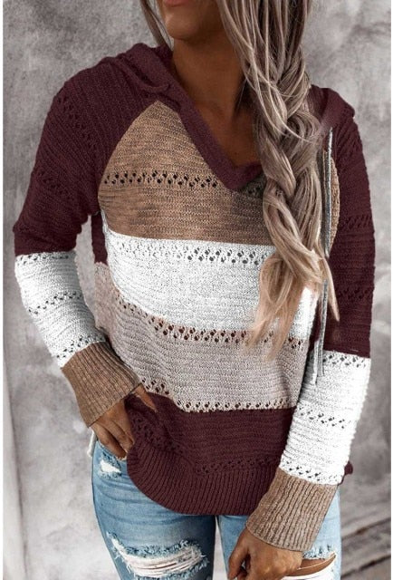 New Fall Winter Patchwork Hooded Sweaters for Women Long Sleeve V-Neck Slim Pullover Tops Jumper Plus Size Female Knit Sweaters