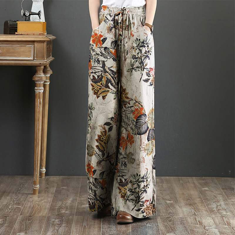 ZANZEA Women's Elastic Waist Long Trousers 2020 Vintage Printed Wide Leg Pants Autumn Pantalon Casual Palazzo Plus Size Turnip 7