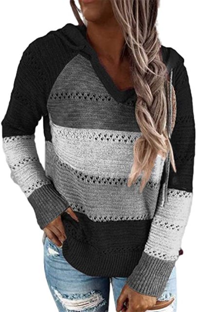 New Fall Winter Patchwork Hooded Sweaters for Women Long Sleeve V-Neck Slim Pullover Tops Jumper Plus Size Female Knit Sweaters