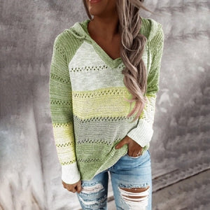 New Fall Winter Patchwork Hooded Sweaters for Women Long Sleeve V-Neck Slim Pullover Tops Jumper Plus Size Female Knit Sweaters