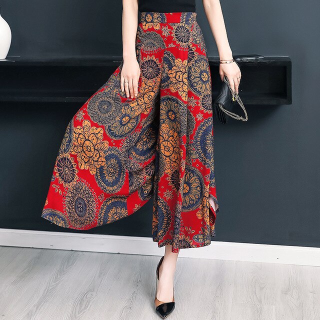 2020 Summer Plus Size Wide Leg Pants Women High Quality Loose Summer Bohemian Beach Pants Calf-Length High Waist Women Pants