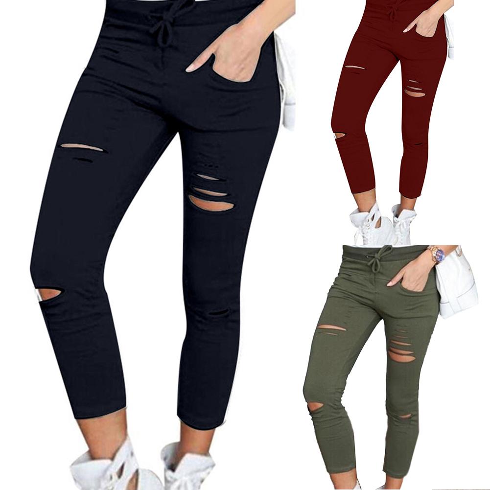 Plus Size Solid Color Drawstring High Waist Pencil Pants Ripped Skinny Leggings High Waist Pencil Pants Ripped Skinny Leggings P