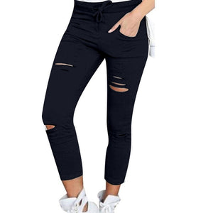 Plus Size Solid Color Drawstring High Waist Pencil Pants Ripped Skinny Leggings High Waist Pencil Pants Ripped Skinny Leggings P